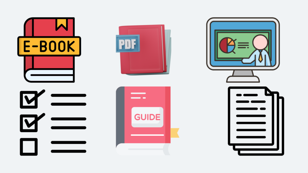 A visual grid showing digital product formats like ebooks, courses, templates, and checklists.