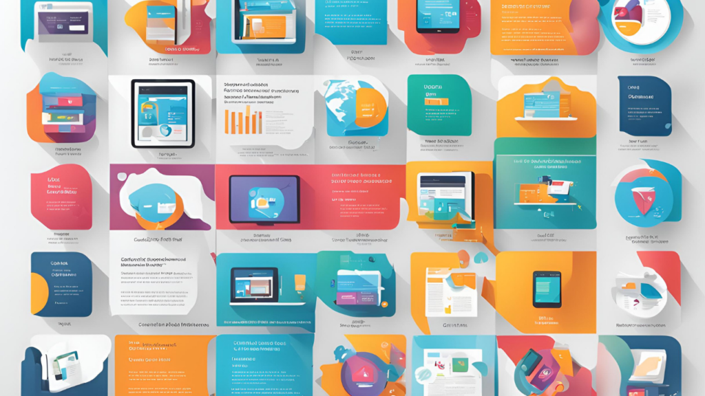 A colorful infographic listing digital product formats (ebooks, online courses, templates, graphics, etc.) with matching icons.