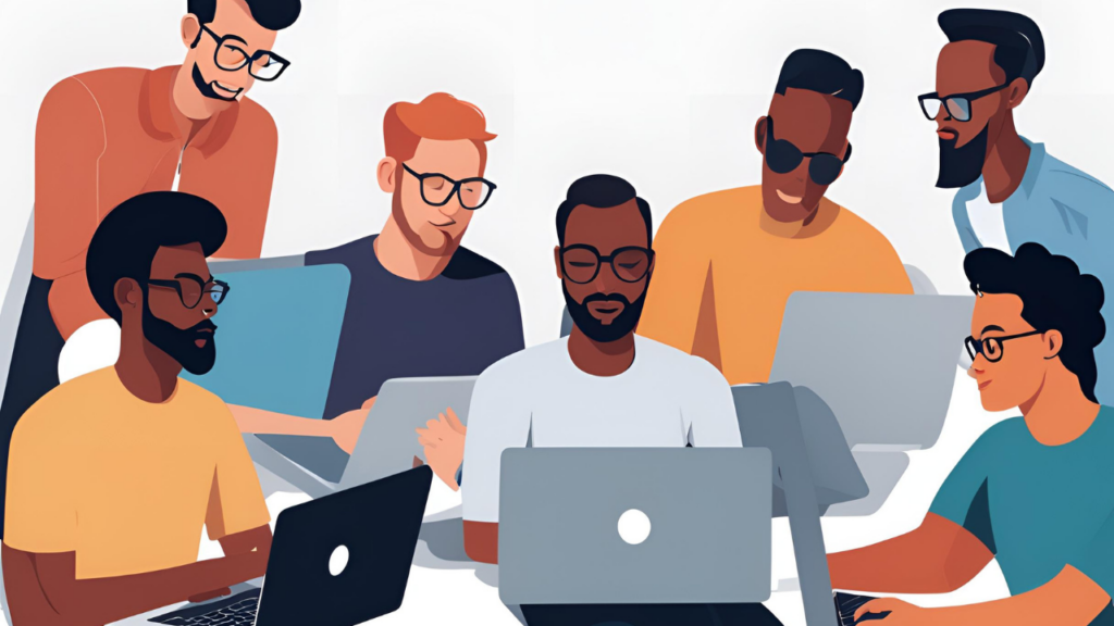 A diverse group of people (designers, writers, consultants) working on laptops or tablets, symbolizing the accessibility of digital entrepreneurship.